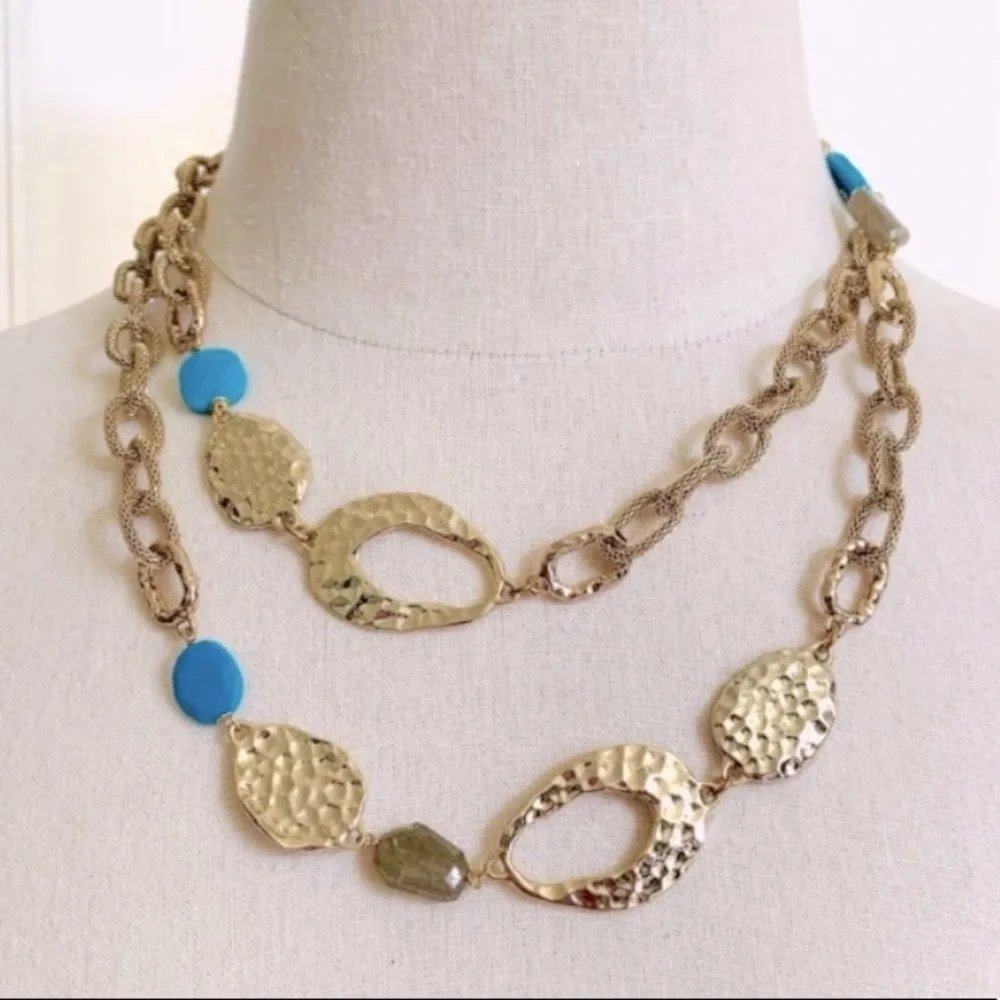 ALEXIS BITTAR • NEW Long Hammered Gemstone Mesh Custom Textured Link Necklace